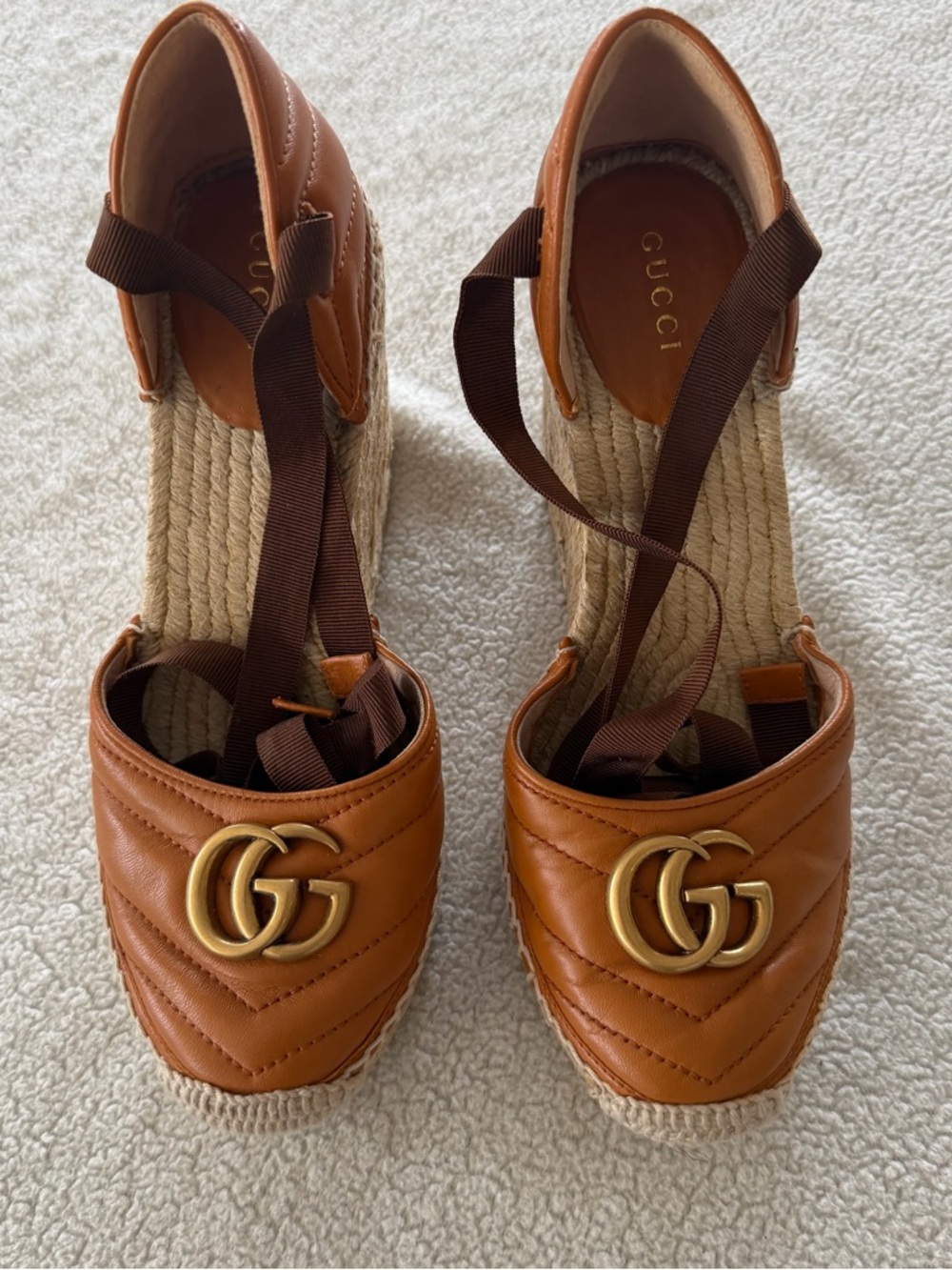 Gucci Cognac Leather GG Espadrille Wedge Sandals - Picture 3 of 7